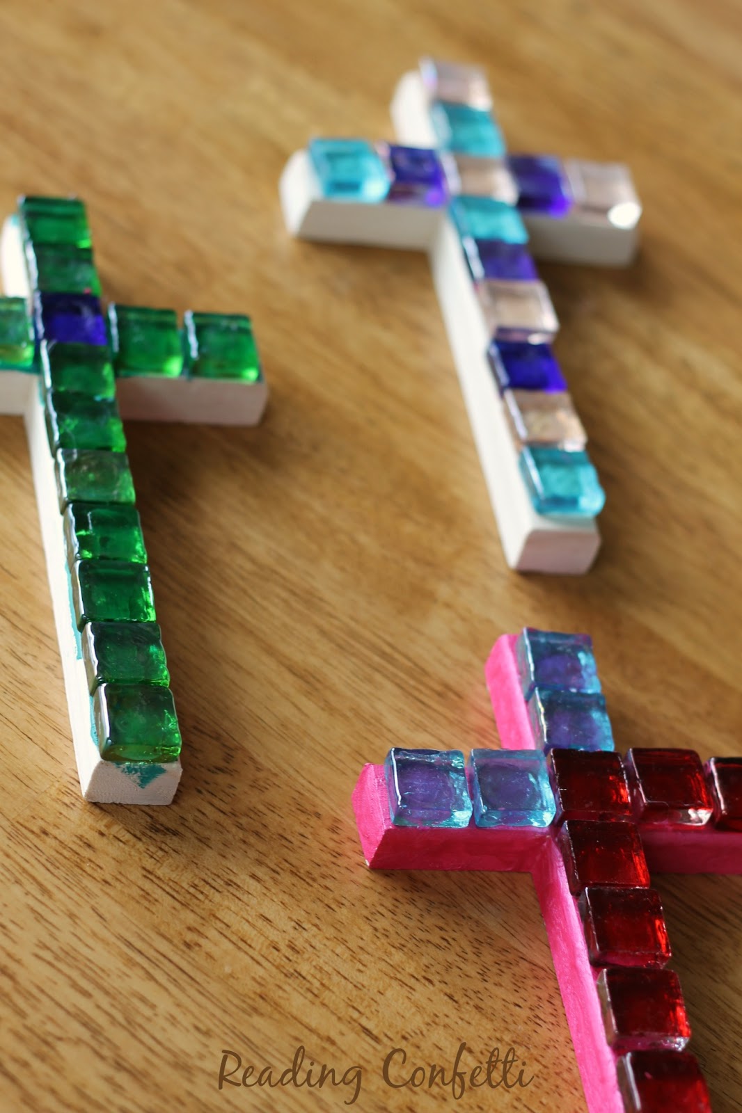 Easy and inexpensive mosaic crosses kids can make to give as gifts for Easter or Mother's Day