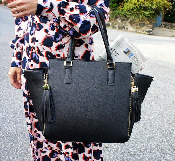 H&M floral maxi dress, H&M handbag, H&M boston