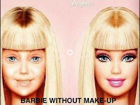 'Barbie without makeup' on the right is the classic face of a barbie, on the left she has no make up and looks dull, bland and is a lot less desirable.