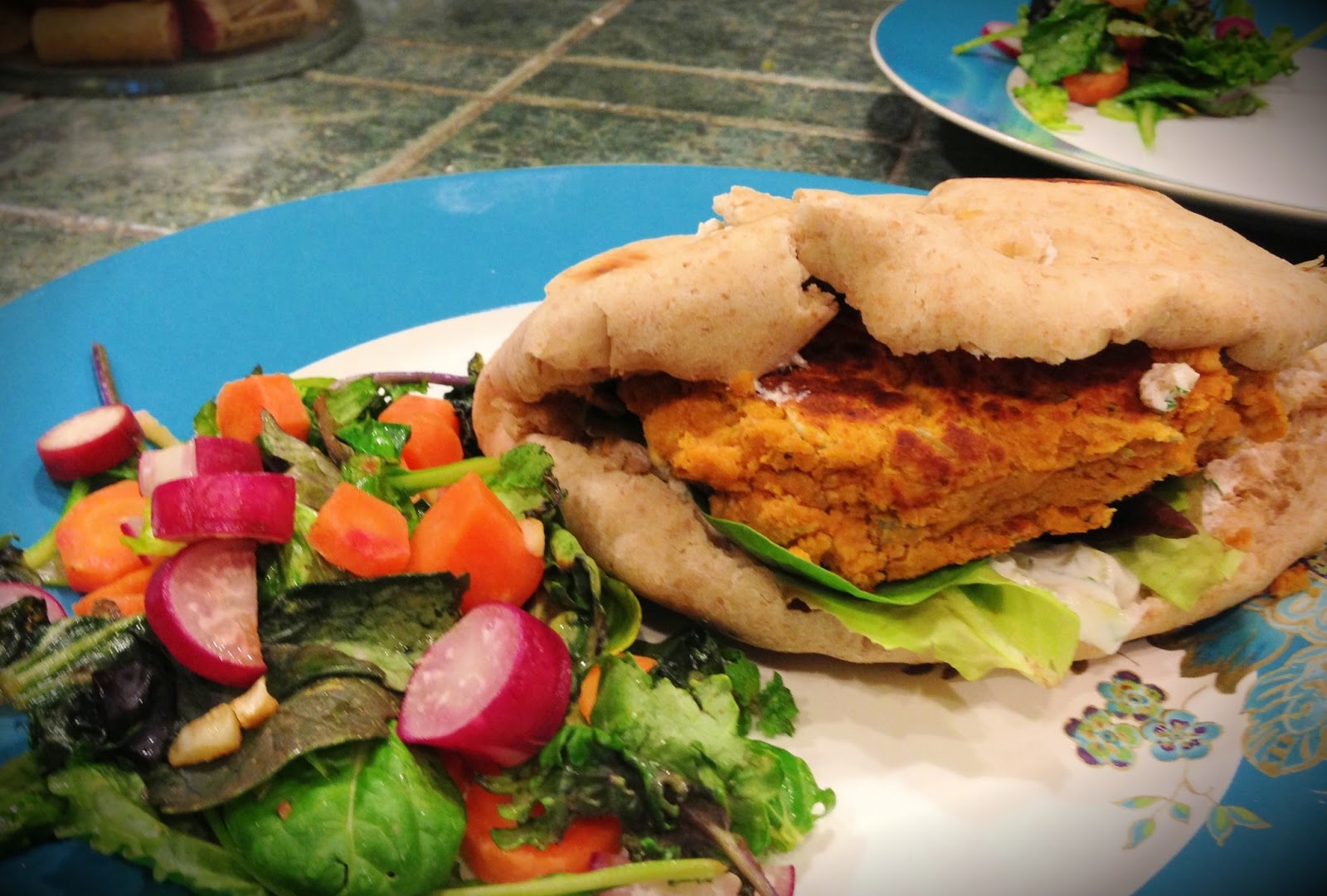 Yummy Fixins Vegan Sweet Potato, Garbanzo Bean Burgers with Tzatziki