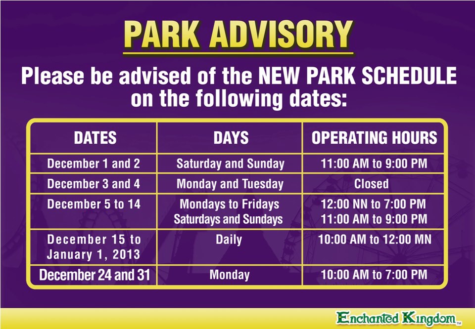 Manila Shopper Holiday 2012 Mall (& Theme Parks) Schedule