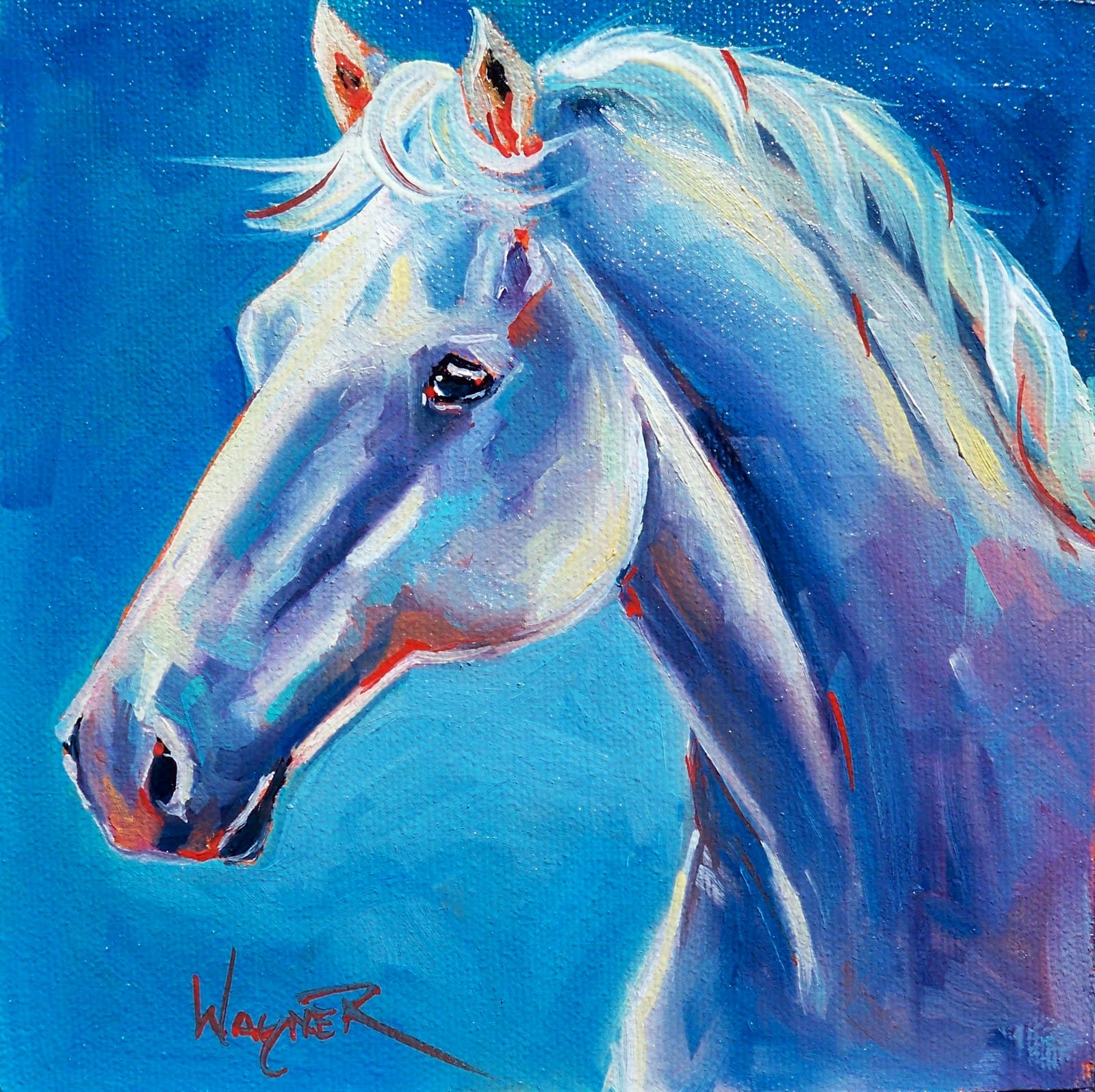 Daily Painters International Art Gallery White Horse On Blue By