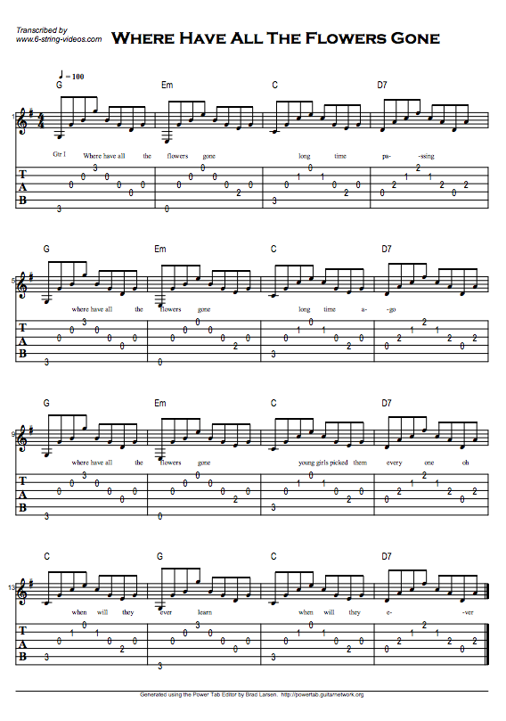 Guitar Tabs Guitar Tabs And Song Sheet For Where Have All The Flowers