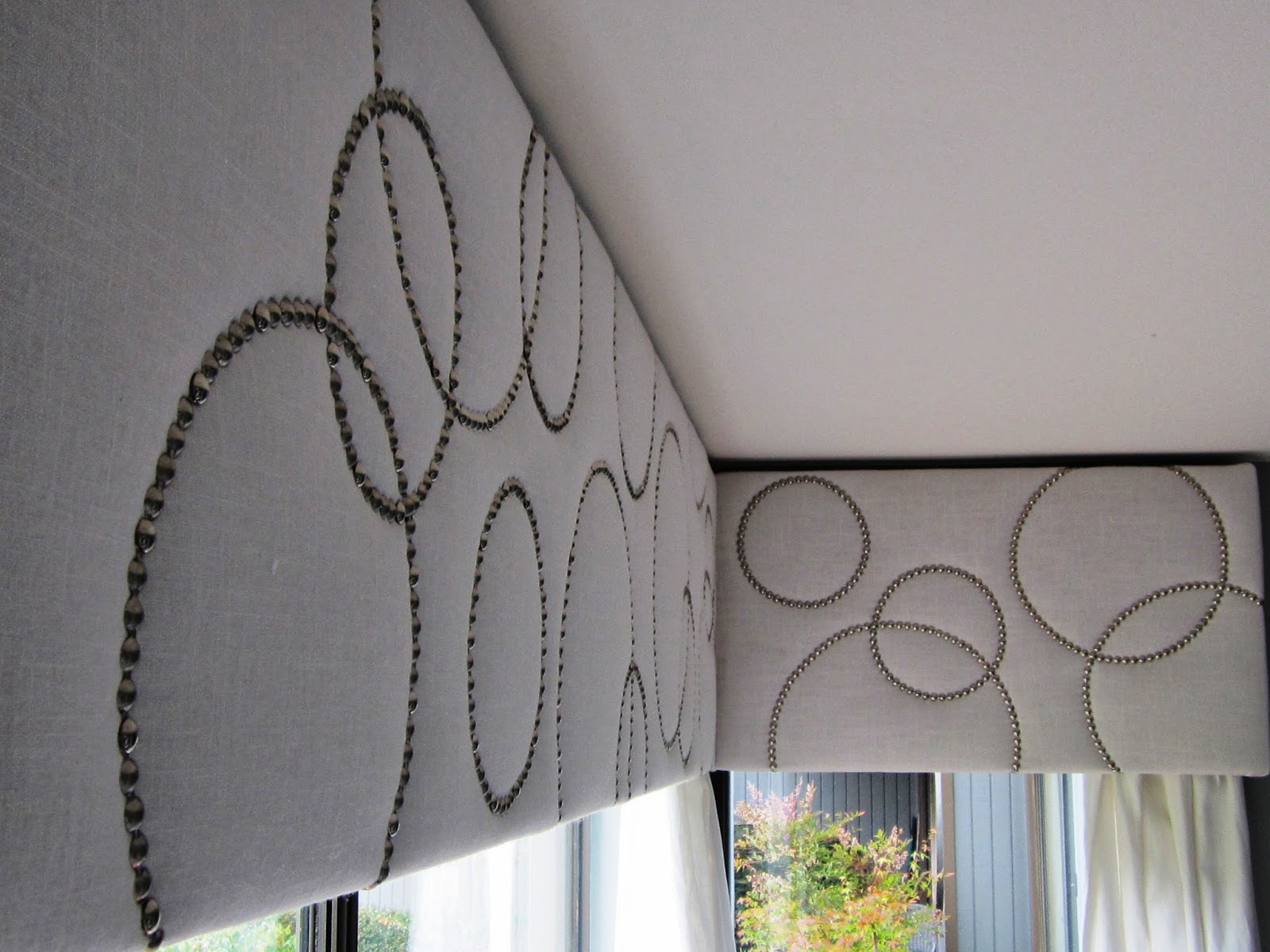 DIY Dithering Silver Nailhead Trim on White Linen Cornices