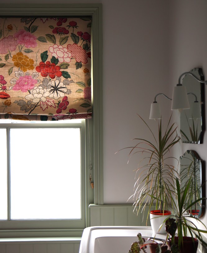 manuel canovas misia floral fabric blind in my bathroom with verte de terre farrow and ball woodwork and white walls and original btc lights