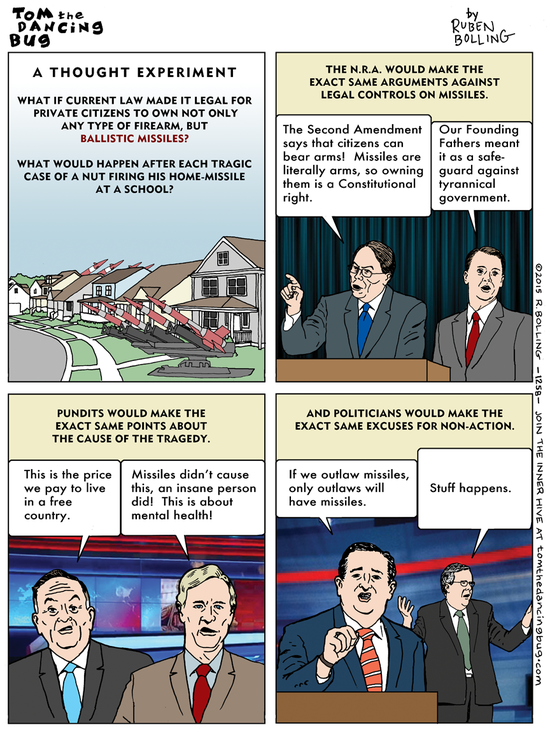 Cartoon lampooning gun nut talking points by replacing the word 
