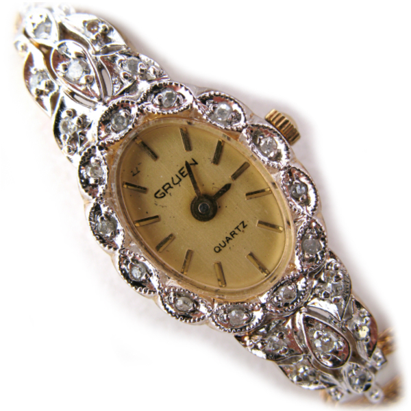 Tropicalfeel Vintage Gruen Genuine Diamonds Wristwatch Ladies Watch 1 40 10k Rgp Gold Band