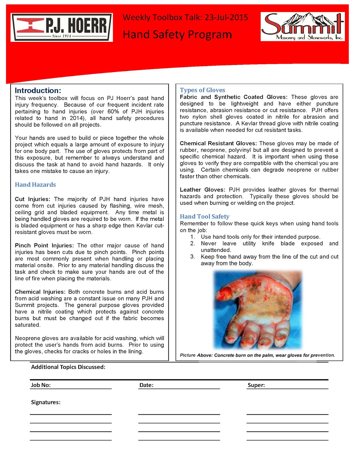 P.J. Hoerr, Inc. P.J. Hoerr & Summit Masonry Weekly Toolbox Talk