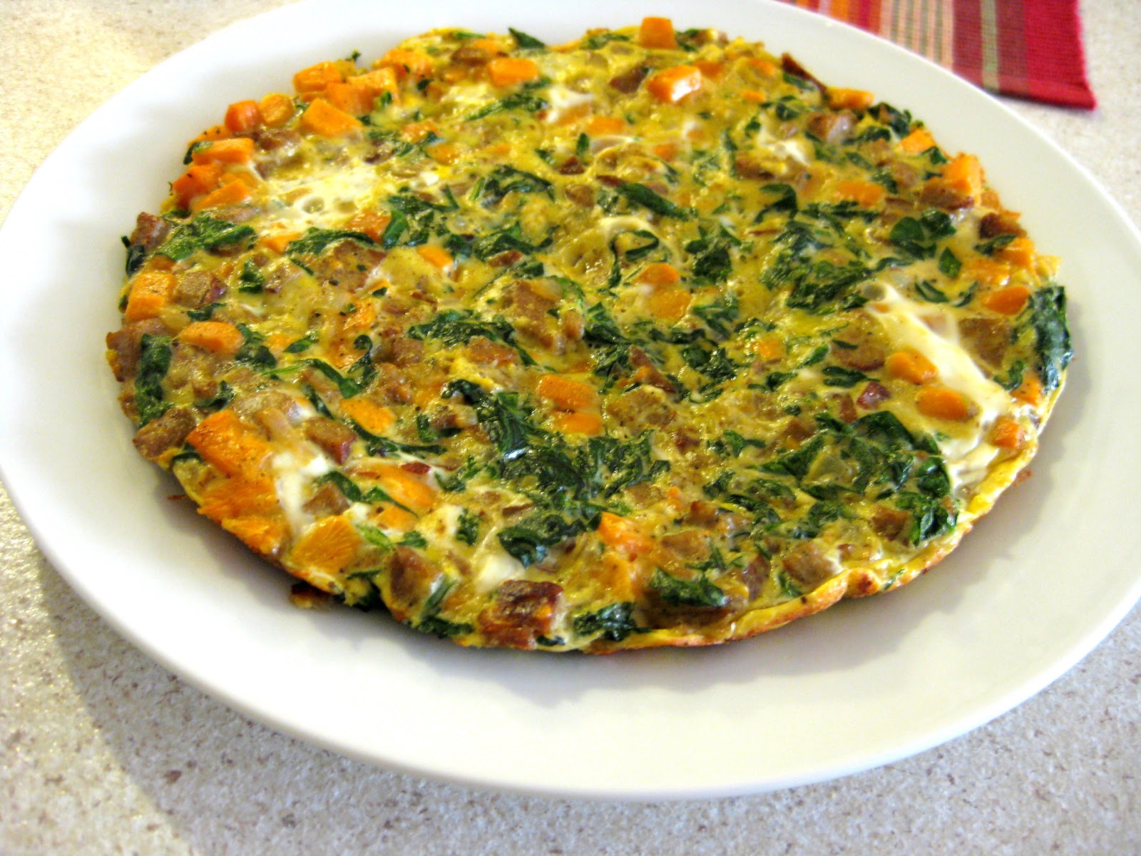 Chow Bella Frittata with Sausage, Spinach and Sweet Potatoes
