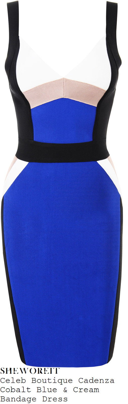 adrienne-bailon-bright-blue-taupe-white-and-black-sleeveless-v-neck-bodycon-bandage-dress