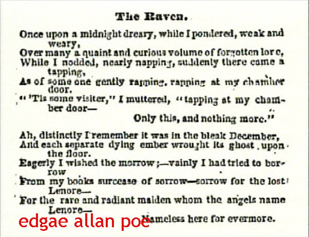 poem the raven by edgar allan poe essay Edgar allan poe 5 but the raven still beguiling all my sad soul into smiling, straight i wheeled a cushioned seat in front of bird and bust and door. poem the raven by edgar allan poe essay Edgar allan poe 5 but the raven still beguiling all my sad soul into smiling, straight i wheeled a cushioned seat in front of bird and bust and door.
