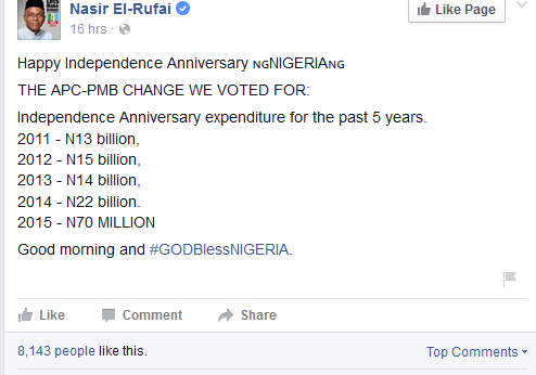 How did Nigeria spent on Independence anniversaries