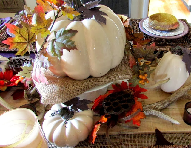 Thanksgiving  or Fall Tablescape with Antlers Pallet Wood and Pumpkins