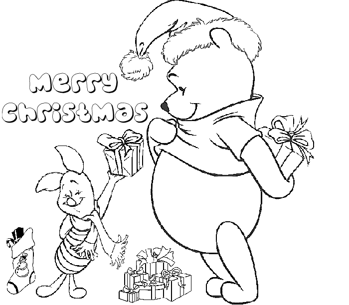 Santa & Winnie The Pooh Disney Christmas Coloring to print title=