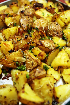 Rustic Style Roasted Potatoes with Roasted Garlic Chips and Sea Salt