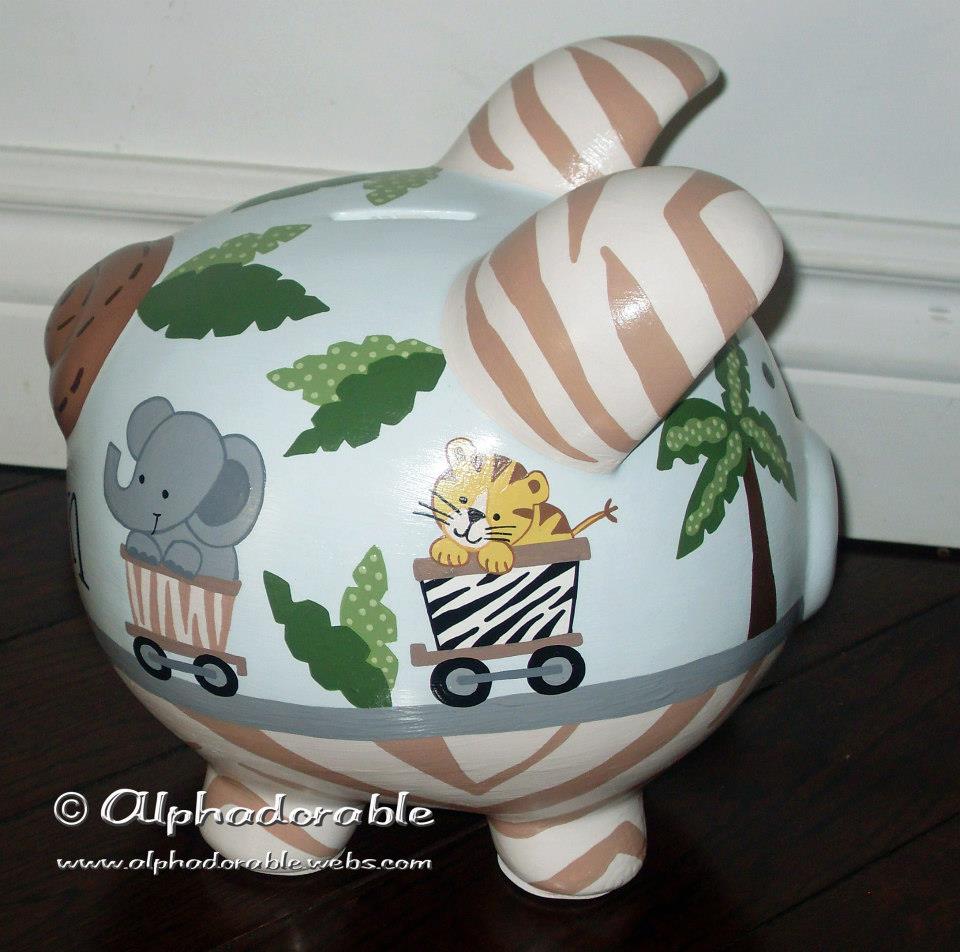 Alphadorable Custom, hand painted piggy bank to match Safari Express