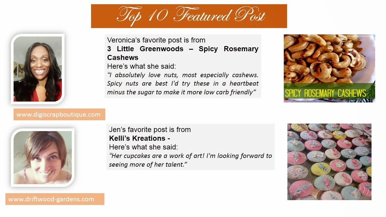 Top 10 Post Features. Veronica picked Spicy Rosemary Cashew. Jen picked Gluten Free Tea Party Cupcakes.