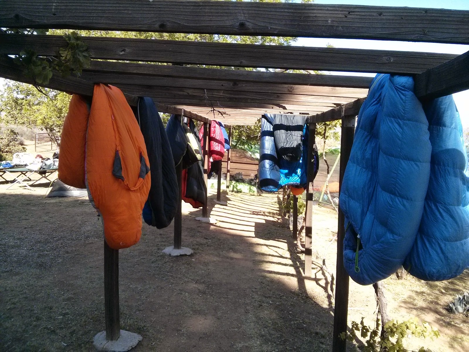 Hikers hanging their sleeping bags for airing