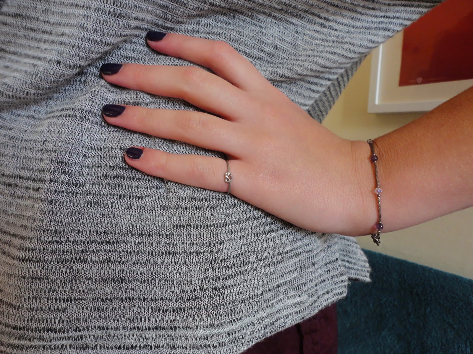 Purple & silver dainty bracelet, silver ring, purple nail polish