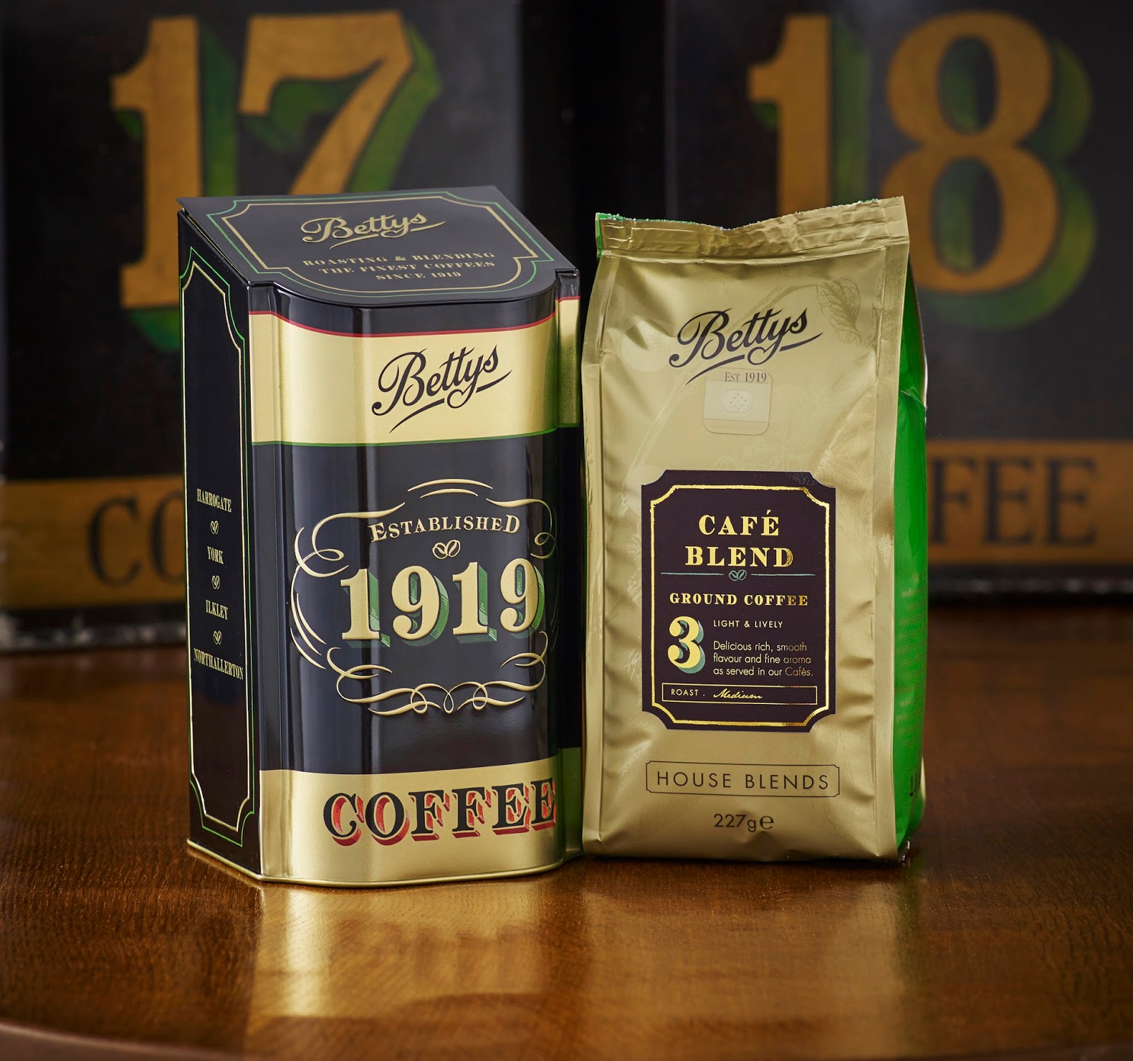 bettys coffee caddy amp house blends on packaging of the coffee packaging