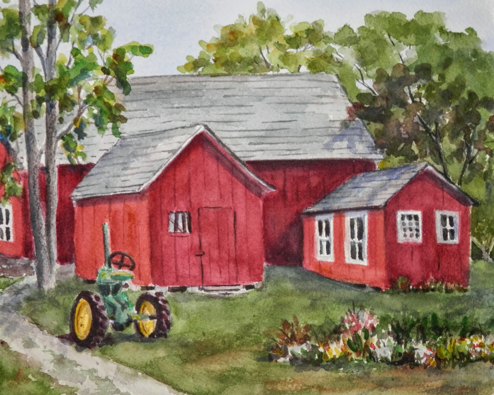Watercolors by Joan 2 Red Barns and Tractor