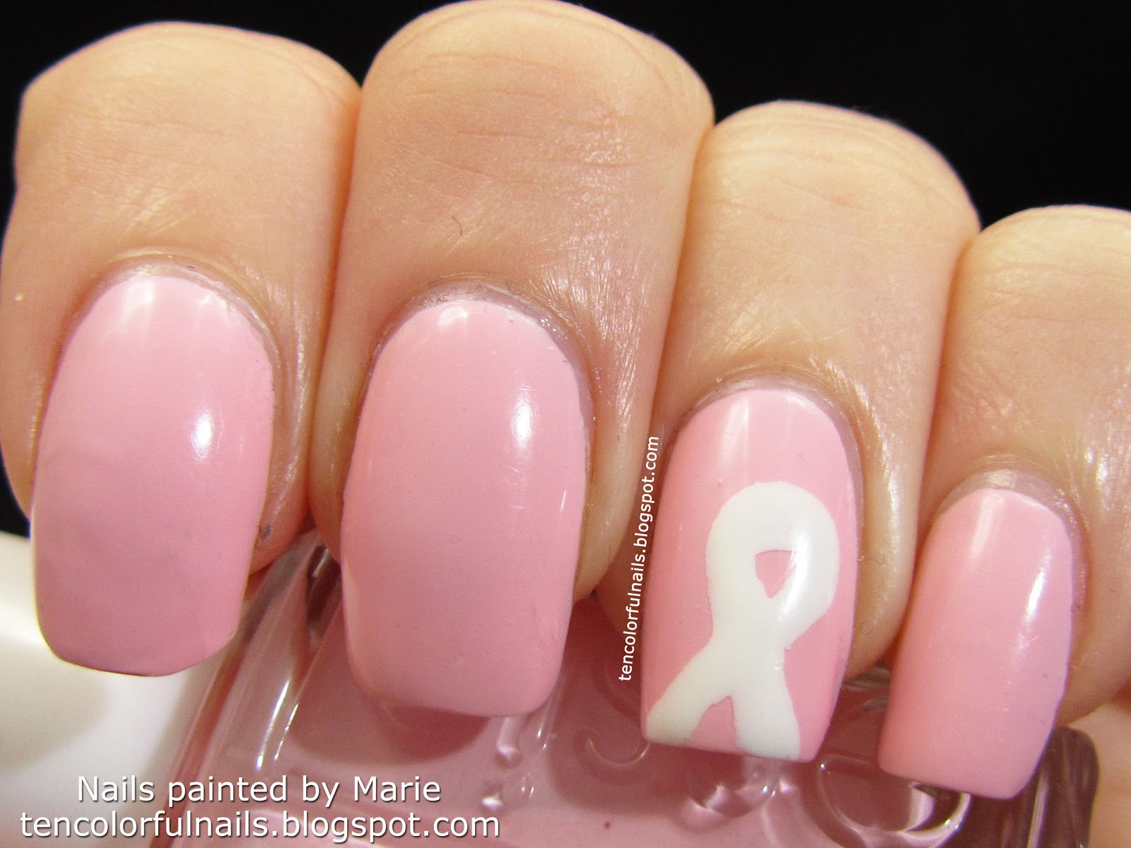 Ten Colorful Nails Pink With T Cancer Awareness Ribbon Nail Art Pink With T Cancer Awareness Ribbon Nail Art