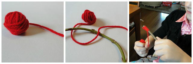 yarn and child wrapping twig with yarn
