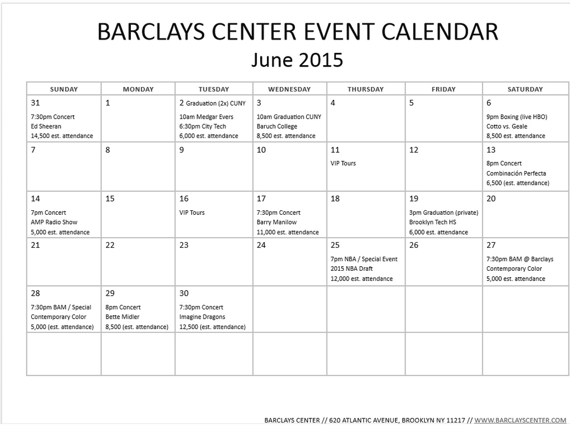 Barclays Center releases updated June 2015 event calendar