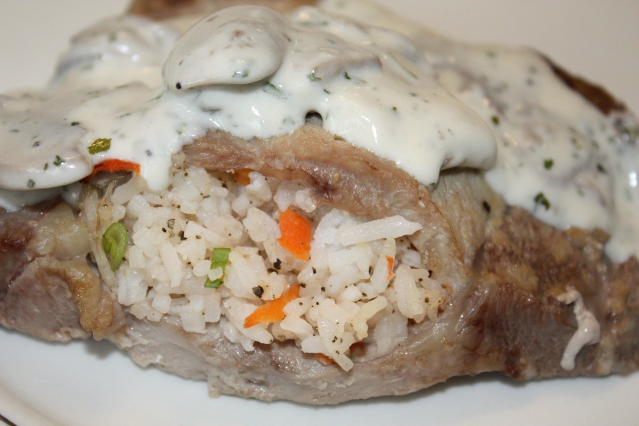 pass the peas, please rice and sage stuffed pork chops
