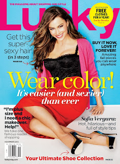 Sofia Vergara on the cover of Lucky Magazine November 2012 in a red skirt and hot black laced top