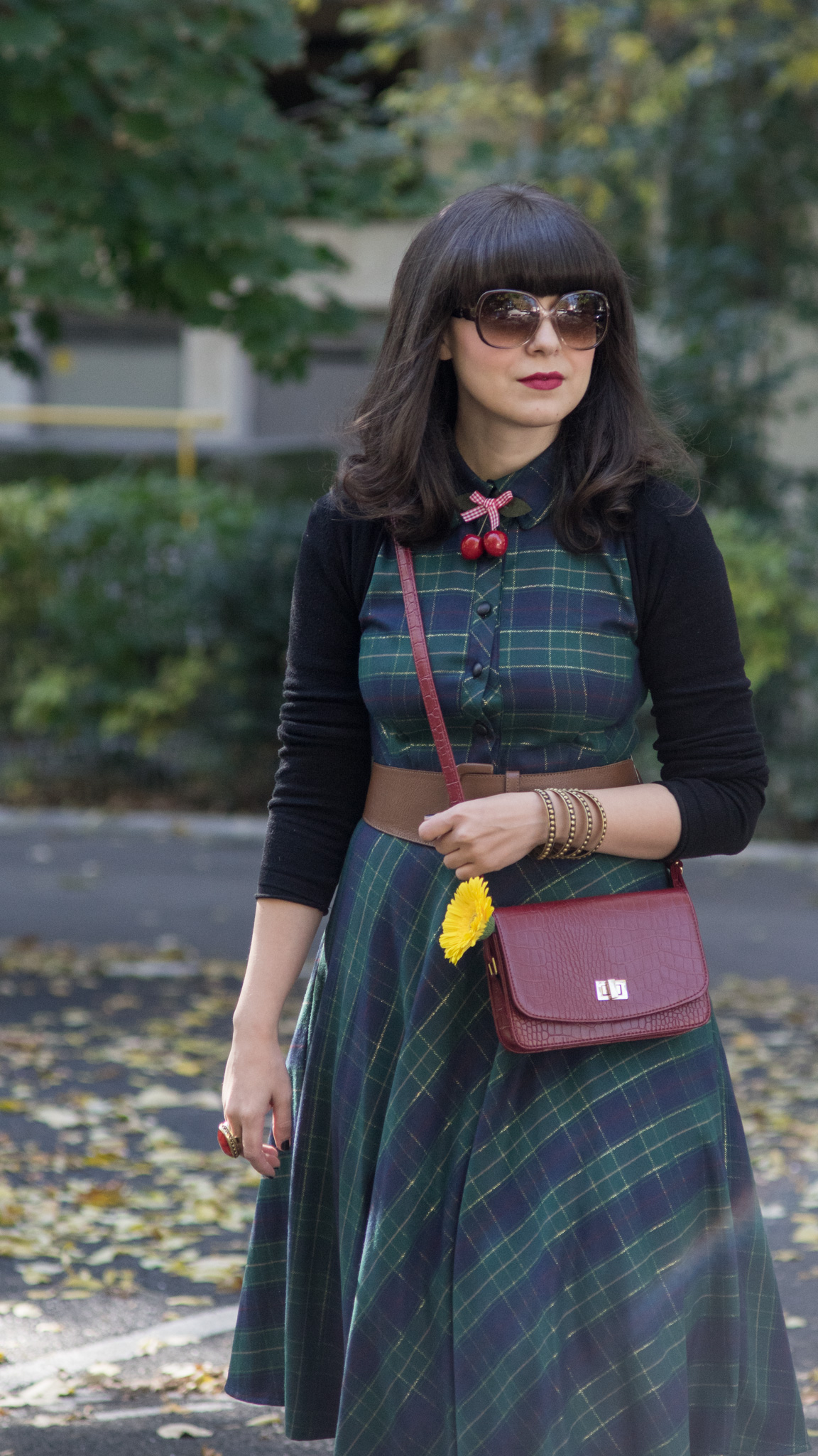 fall midi tartan dress burgundy boots bag koton brown belt cherries accessory yellow gerbera