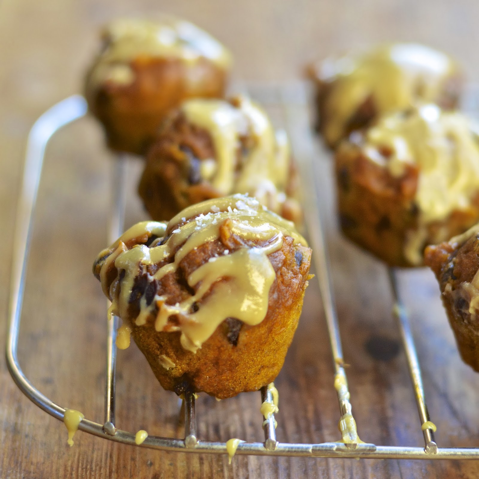 Mini Pumpkin Chocolate Chip Muffins with Salted Caramel Cream Cheese Glaze Virtually Homemade