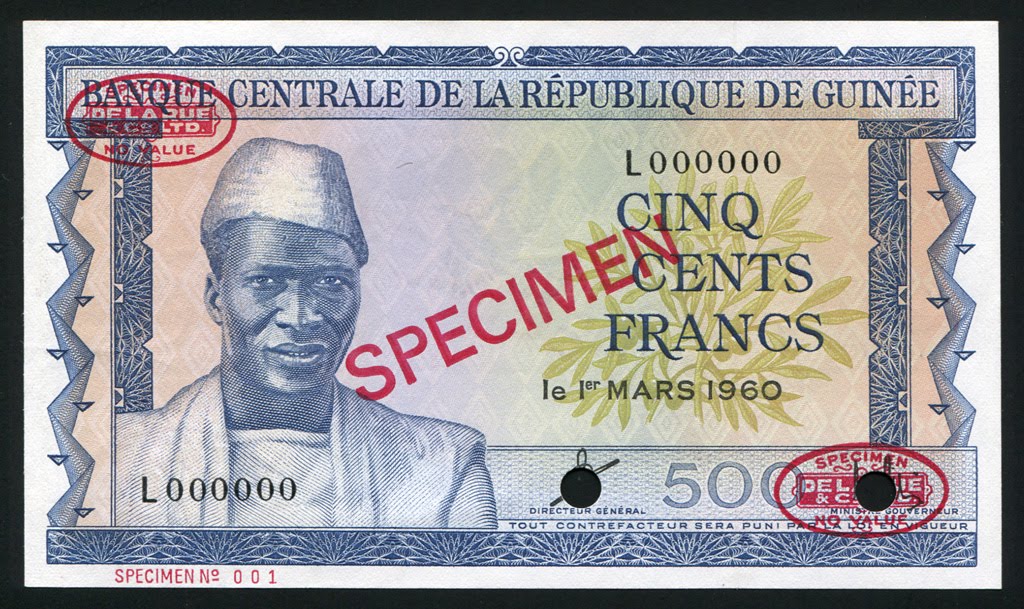 Guinea banknotes 500 Francs banknote of 1960, Ahmed Sékou Touré.World