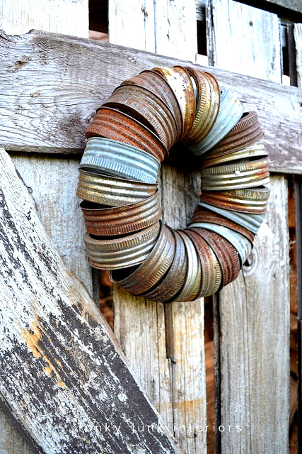 Whip up a rusty canning jar lid wreath in minutes, by Funky Junk Interiors featured on I Love That Junk