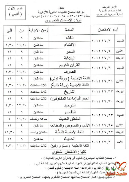 جدول امتحانات الثانوية الازهرية 2012