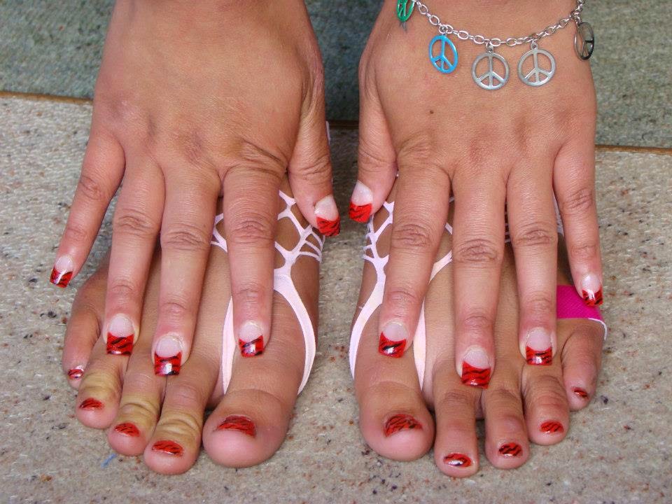 Acrylic french tip fingers and matching gel manicure pedicure red nails