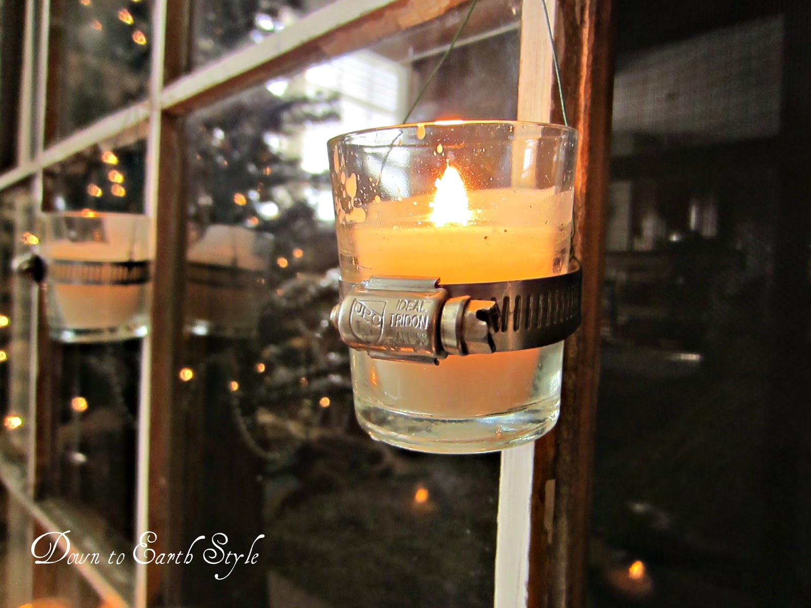 Down to Earth Style Hanging Votive Candles on a Vintage Window