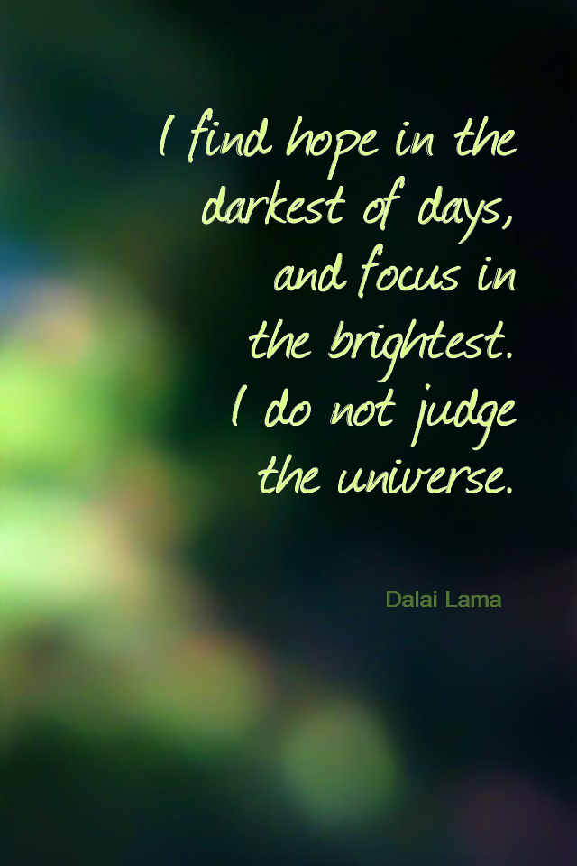 visual quote - image quotation for ACCEPTANCE - I find hope in the darkest of days, and focus in the brightest. I do not judge the universe. - Dalai Lama