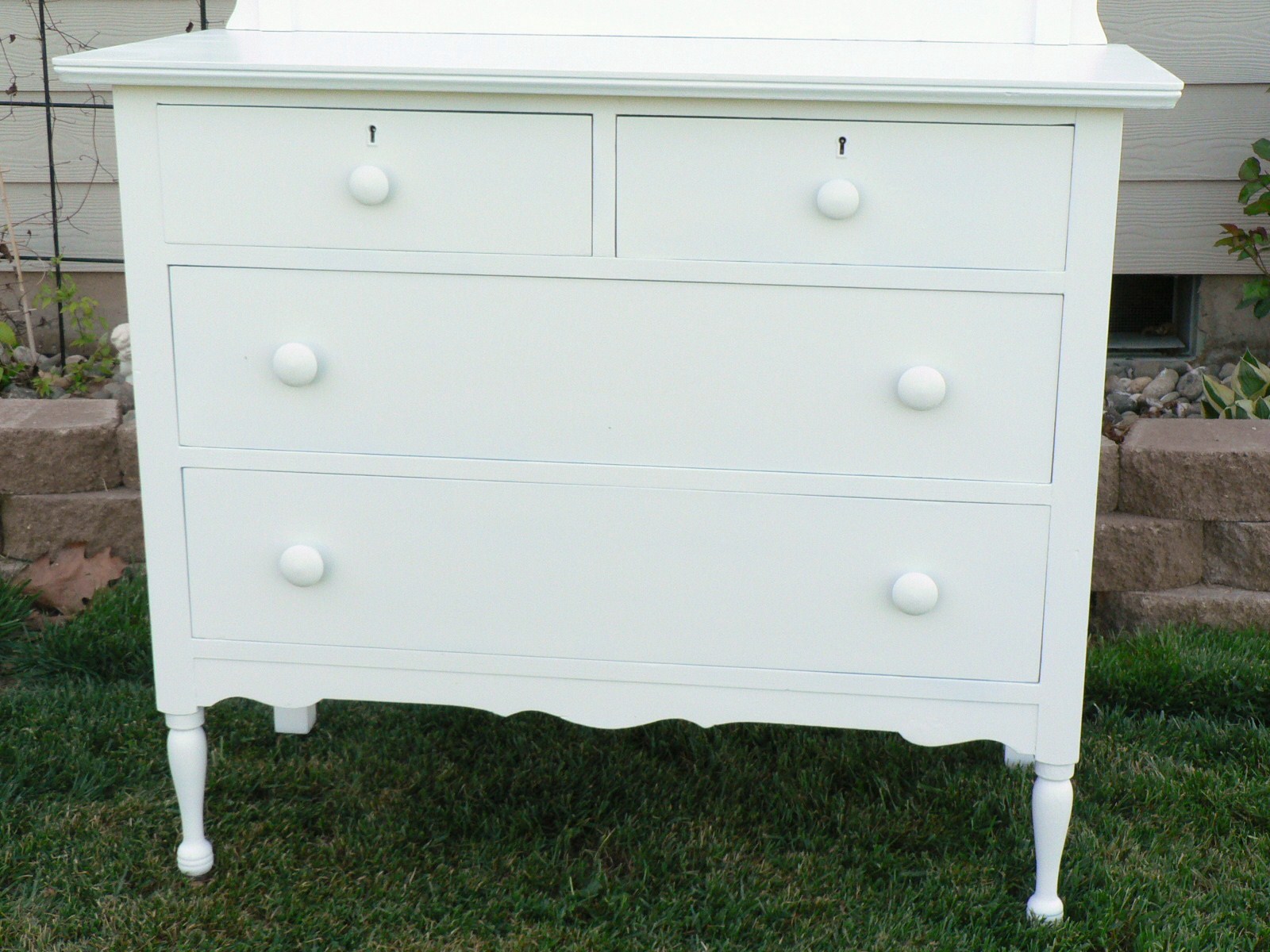 For the Love of it White Antique Dresser with Mirror and A Burlap Wreath