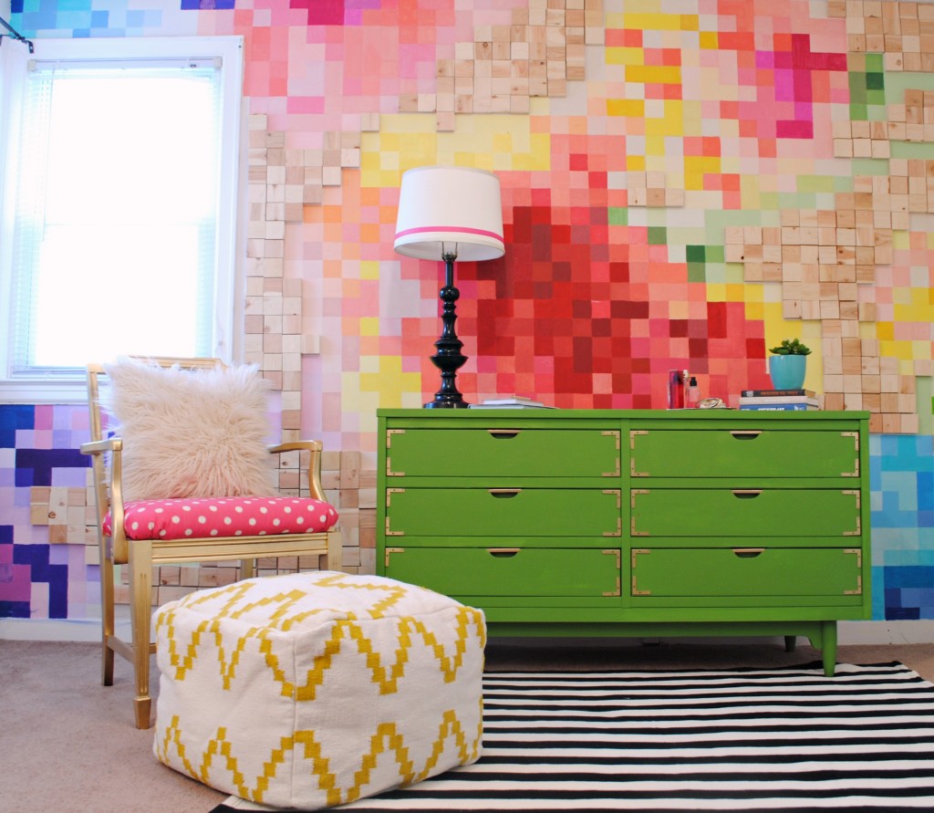 Pixelated Floral Wall and Kelly Green Campaign Dresser