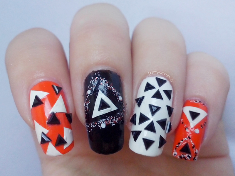 Geometric Triangle Nails Born Pretty Store Black Studs Orange Black White Nails