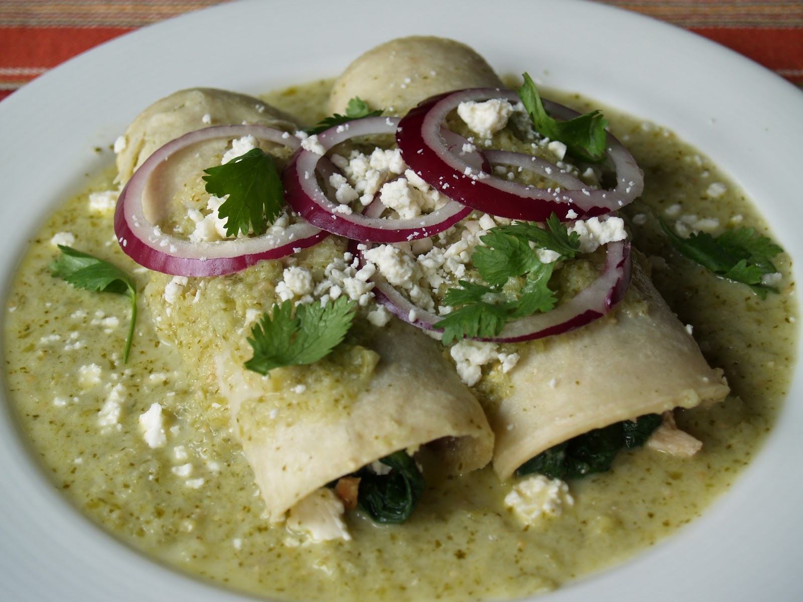 Persimmon and Peach Chicken, Spinach, & Mushroom Verde Enchiladas