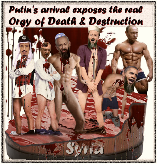 Cartoon; Obama, Cameron, Erdogan, Netanyahu, King Salman caught with their pants down in Syria, the real perpetrators of an orgy of death and destruction