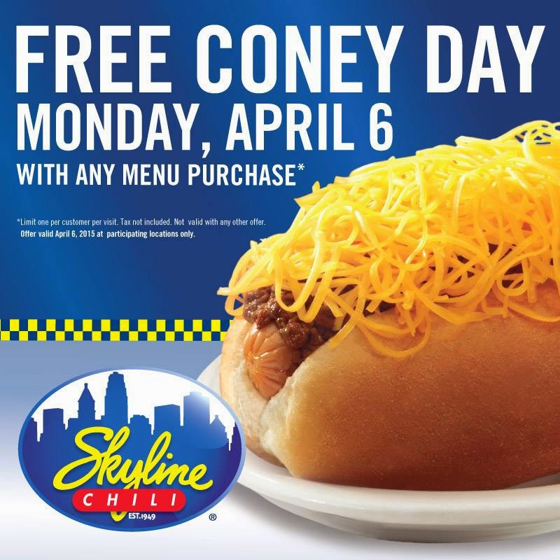 Offers Related To Skyline Chili Coupons For the fourth straight year, Skyline Chili is offering a free cheese coney to all customers with the purchase of any menu item in celebration of the Cincinnati Reds’ Opening Day, the restaurant.
