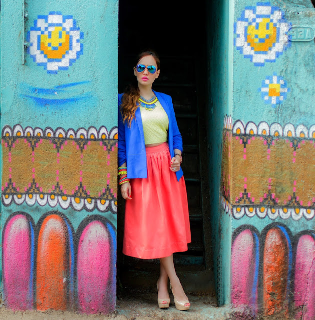 Cobalt Blue Blazer, Yellow Top & Orange Midi Skirt, Vero Moda, Color Blocking