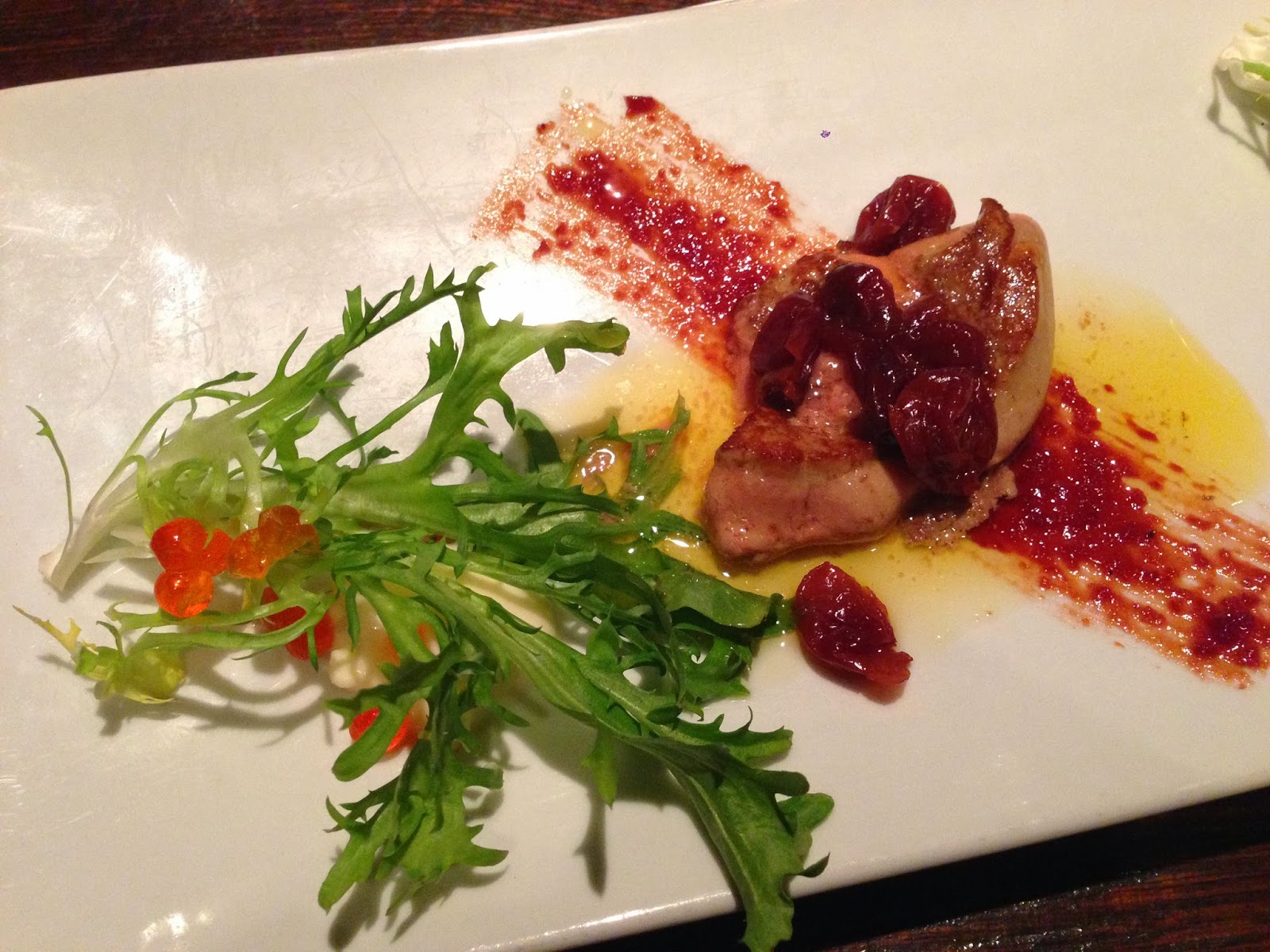 Seared Foie Gras, House Smoked Trout Roe, Honey Creme Fraiche, Bourbon Infused Cherries, Frisee
