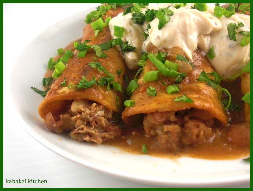 Kahakai Kitchen Pinto Bean Enchiladas with Tofu Sour Cream and a