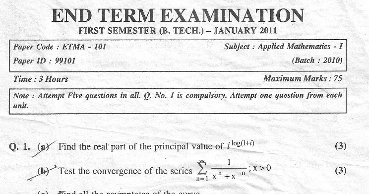 GGSIPU Previous Year B.tech 1st Semester End Term Paper Applied Mathematics - I 2011