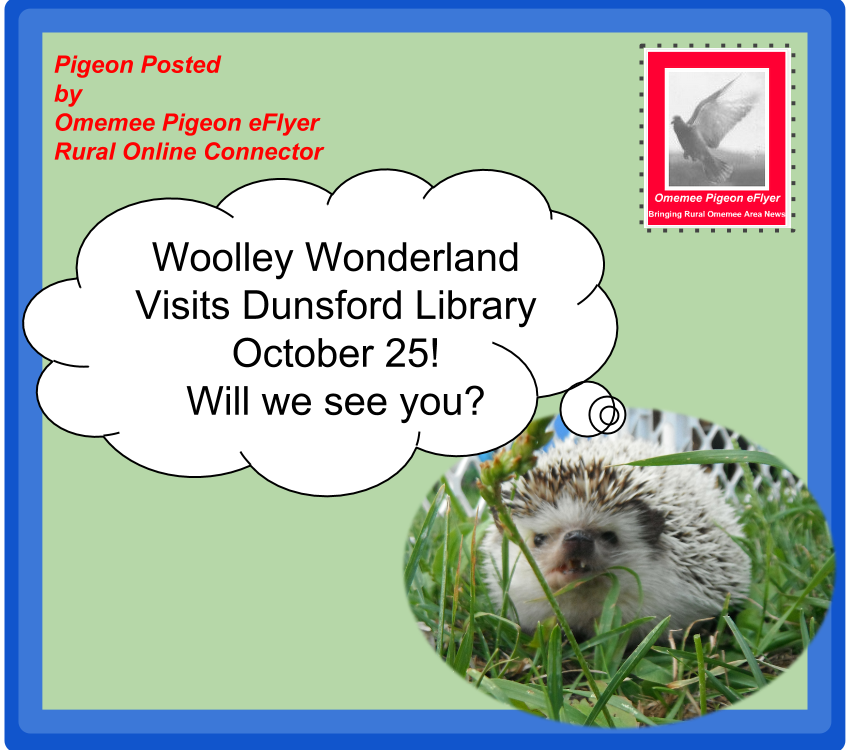 Omemee Pigeon eFlyer - Critters visiting Dunsford Library Omemee Pigeon posted: Woolley Wonderland visits Dunsford Library October 25 Will you see you? Shows hedgehog with thought bubble on Omemee Pigeon eFlyer envelope top left corner return address- Pigeon Posted by Omemee Pigeon eFlyer Rural online connector, Top right corner Pigeon Stamp