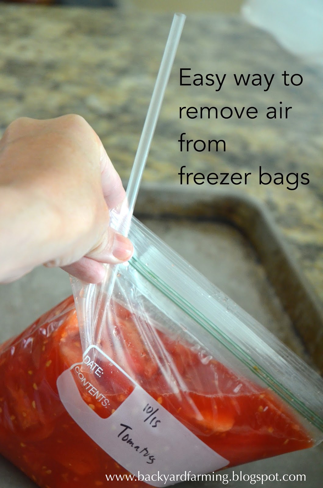 Backyard Farming Poorman's vacuum sealer, and freezing tomatoes